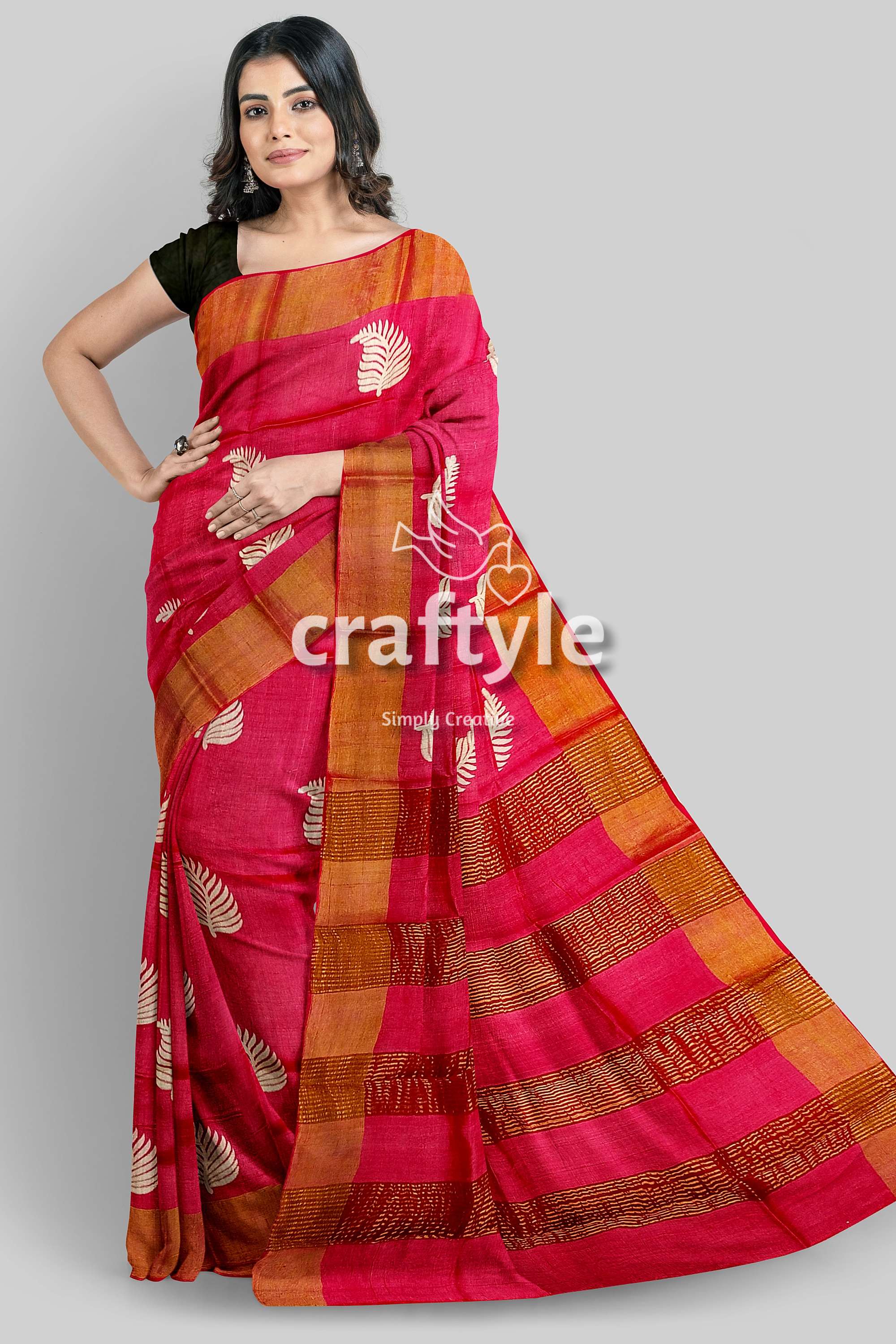 Crimson Red Hand Block Print Pure Tussar Silk Saree with Zari Border - Craftyle