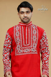 Crimson Red Kantha Stitch Cotton Kurta for Men - Craftyle