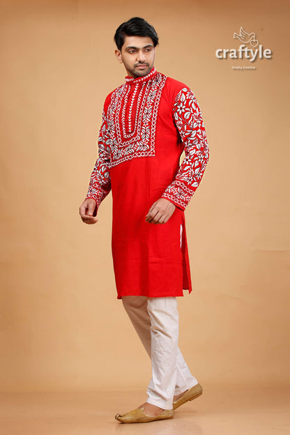 Crimson Red Kantha Stitch Cotton Kurta for Men - Craftyle