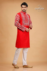 Crimson Red Kantha Stitch Cotton Kurta for Men - Craftyle