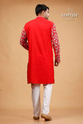 Crimson Red Kantha Stitch Cotton Kurta for Men - Craftyle