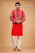 Crimson Red Kantha Stitch Cotton Kurta for Men - Craftyle