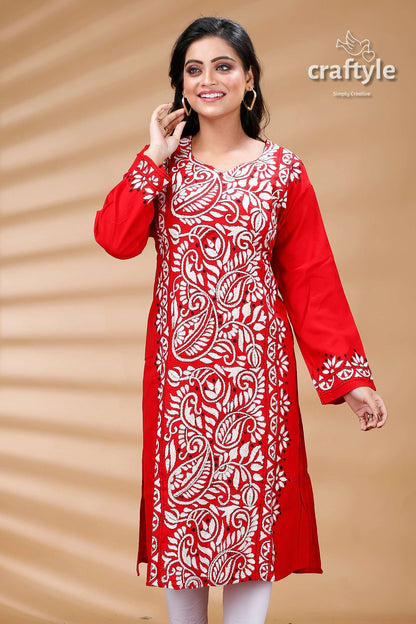 Crimson Red White Allover Thread Work Cotton Kantha Kurti - Craftyle