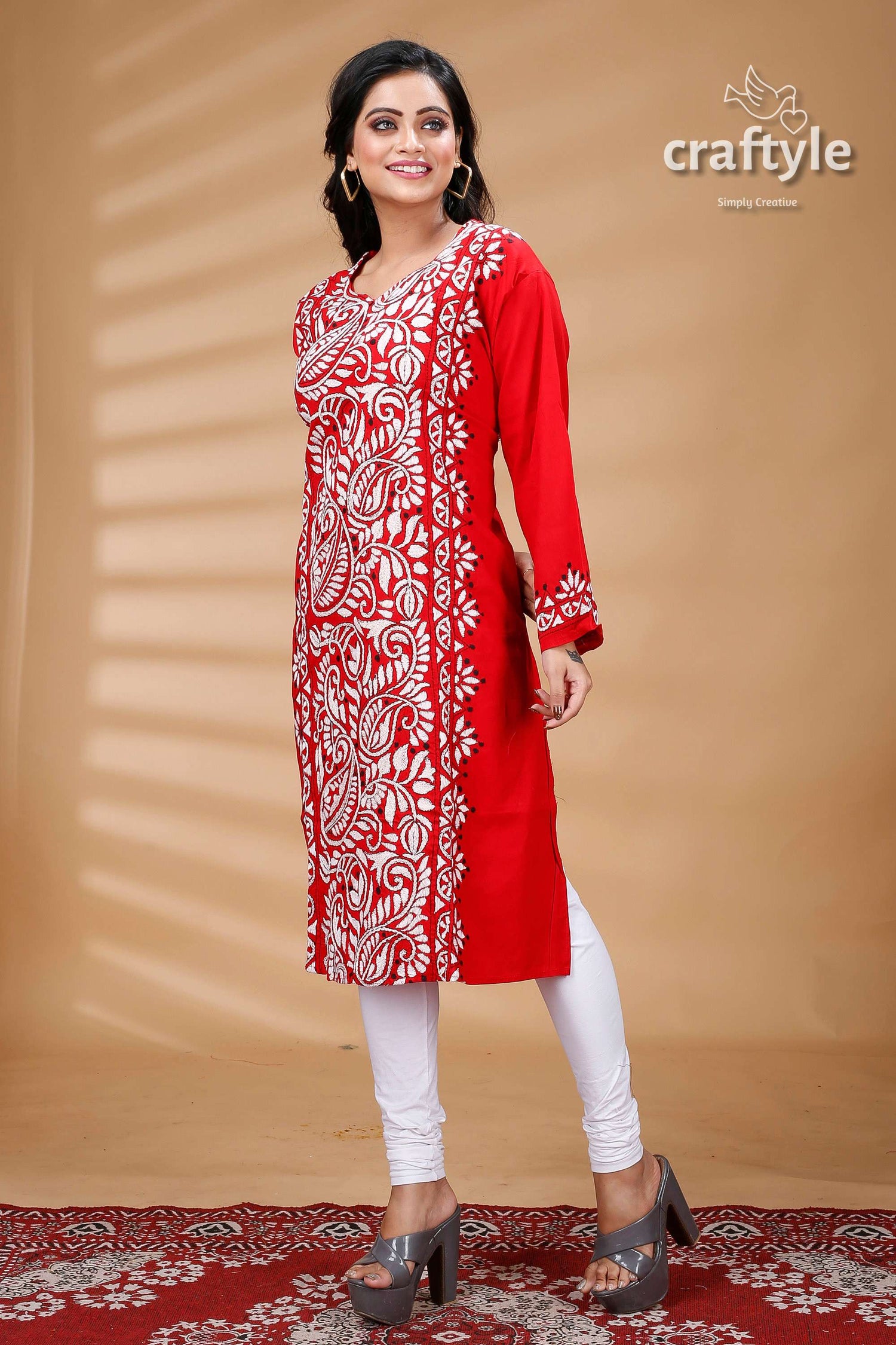 Crimson Red White Allover Thread Work Cotton Kantha Kurti - Craftyle