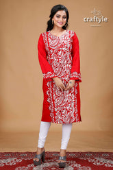 Crimson Red White Allover Thread Work Cotton Kantha Kurti - Craftyle