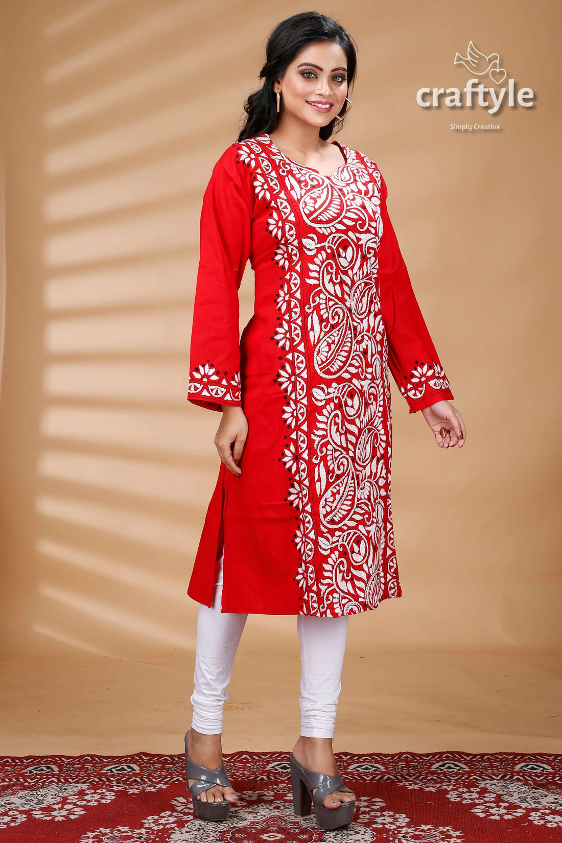 Crimson Red White Allover Thread Work Cotton Kantha Kurti - Craftyle