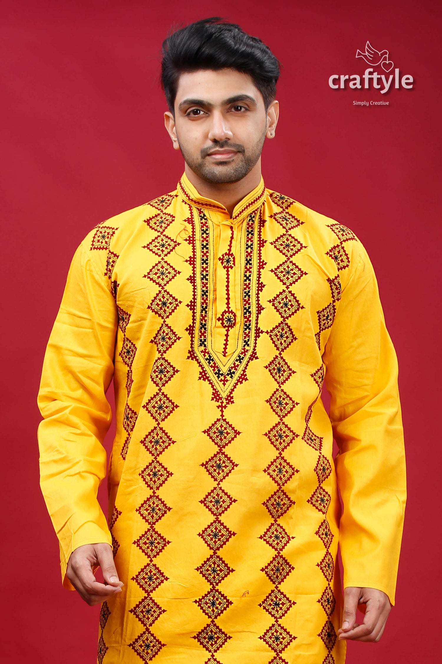 Cyber Yellow Gujrati Stitched Cotton Mens Kurta - Kantha Work - Craftyle