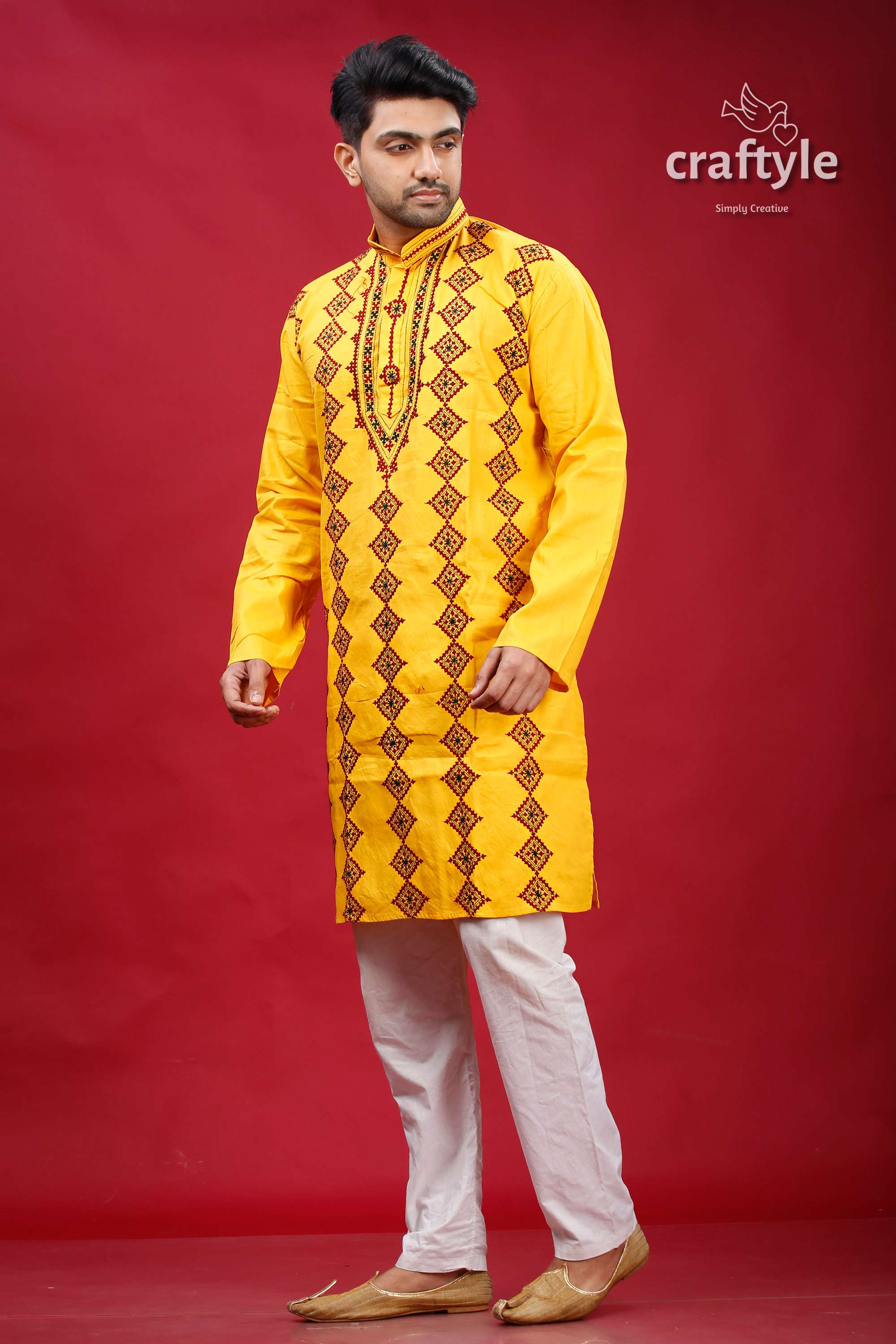 Cyber Yellow Gujrati Stitched Cotton Mens Kurta - Kantha Work - Craftyle