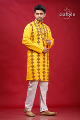 Cyber Yellow Gujrati Stitched Cotton Mens Kurta - Kantha Work - Craftyle