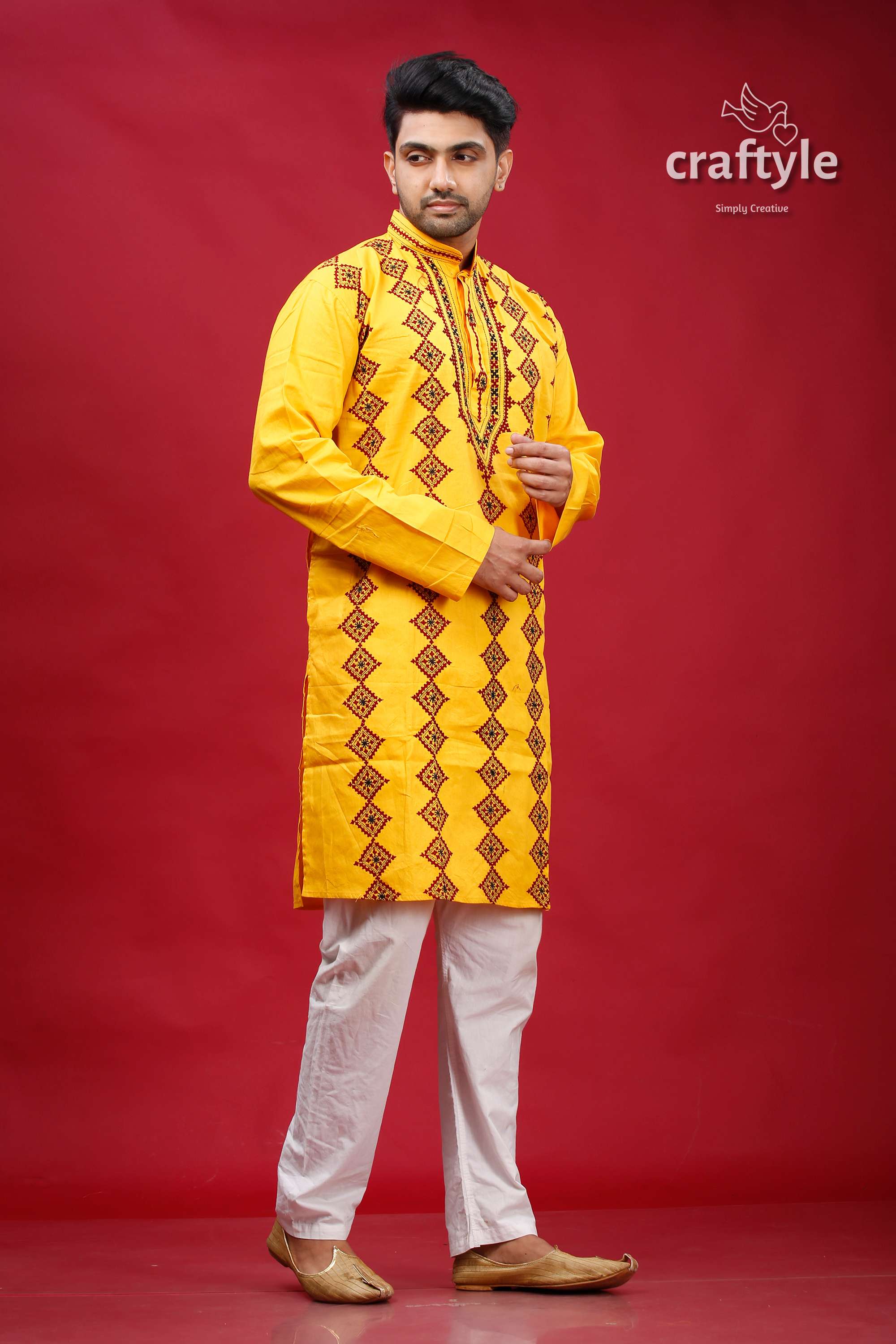 Cyber Yellow Gujrati Stitched Cotton Mens Kurta - Kantha Work - Craftyle