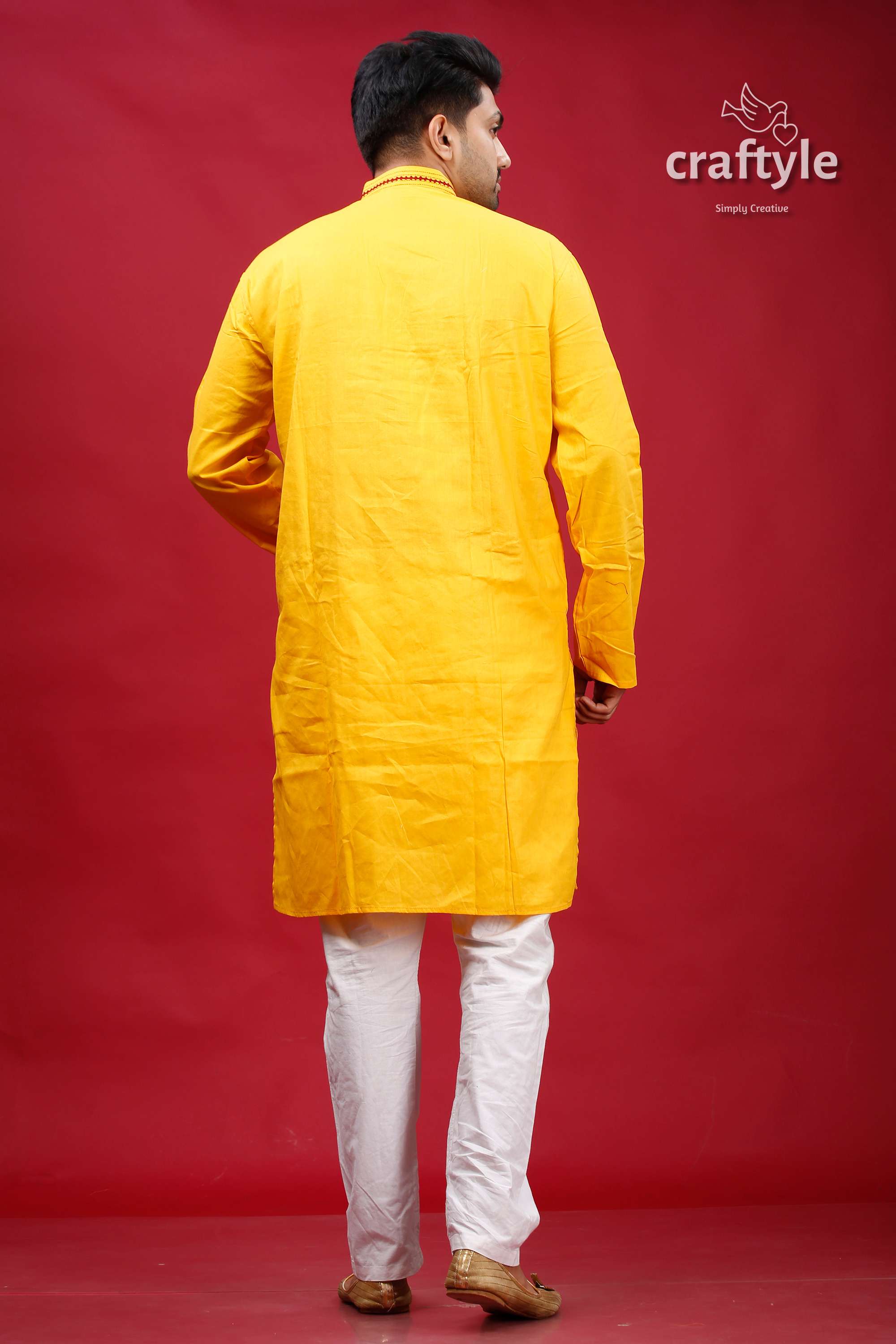 Cyber Yellow Gujrati Stitched Cotton Mens Kurta - Kantha Work - Craftyle