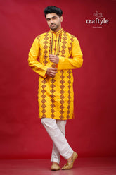 Cyber Yellow Gujrati Stitched Cotton Mens Kurta - Kantha Work - Craftyle