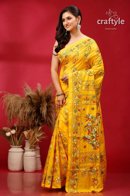 Cyber Yellow Traditional Silk Kantha Stitch Saree - Craftyle