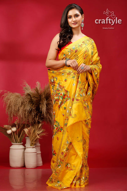 Cyber Yellow Traditional Silk Kantha Stitch Saree - Craftyle