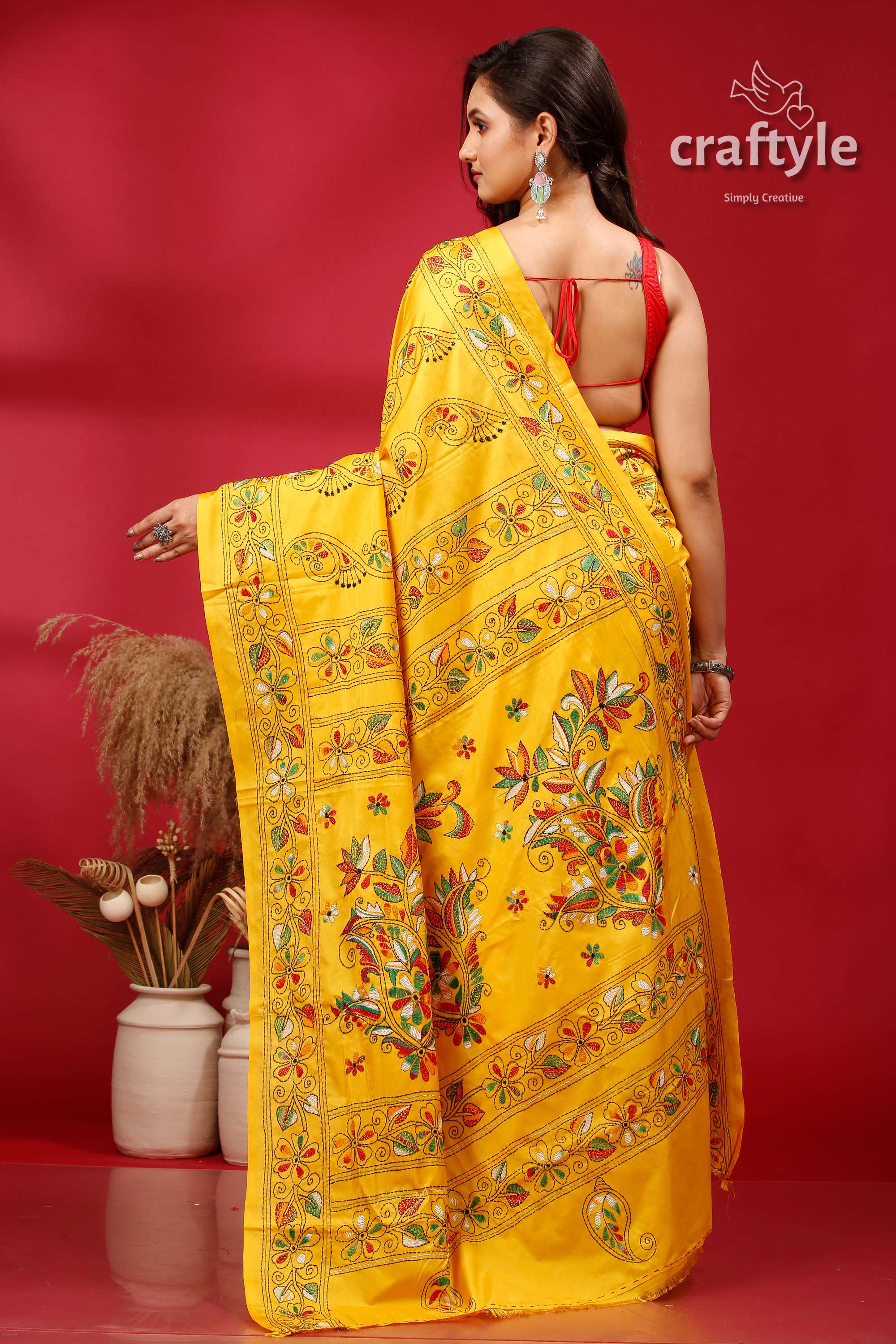 Cyber Yellow Traditional Silk Kantha Stitch Saree - Craftyle