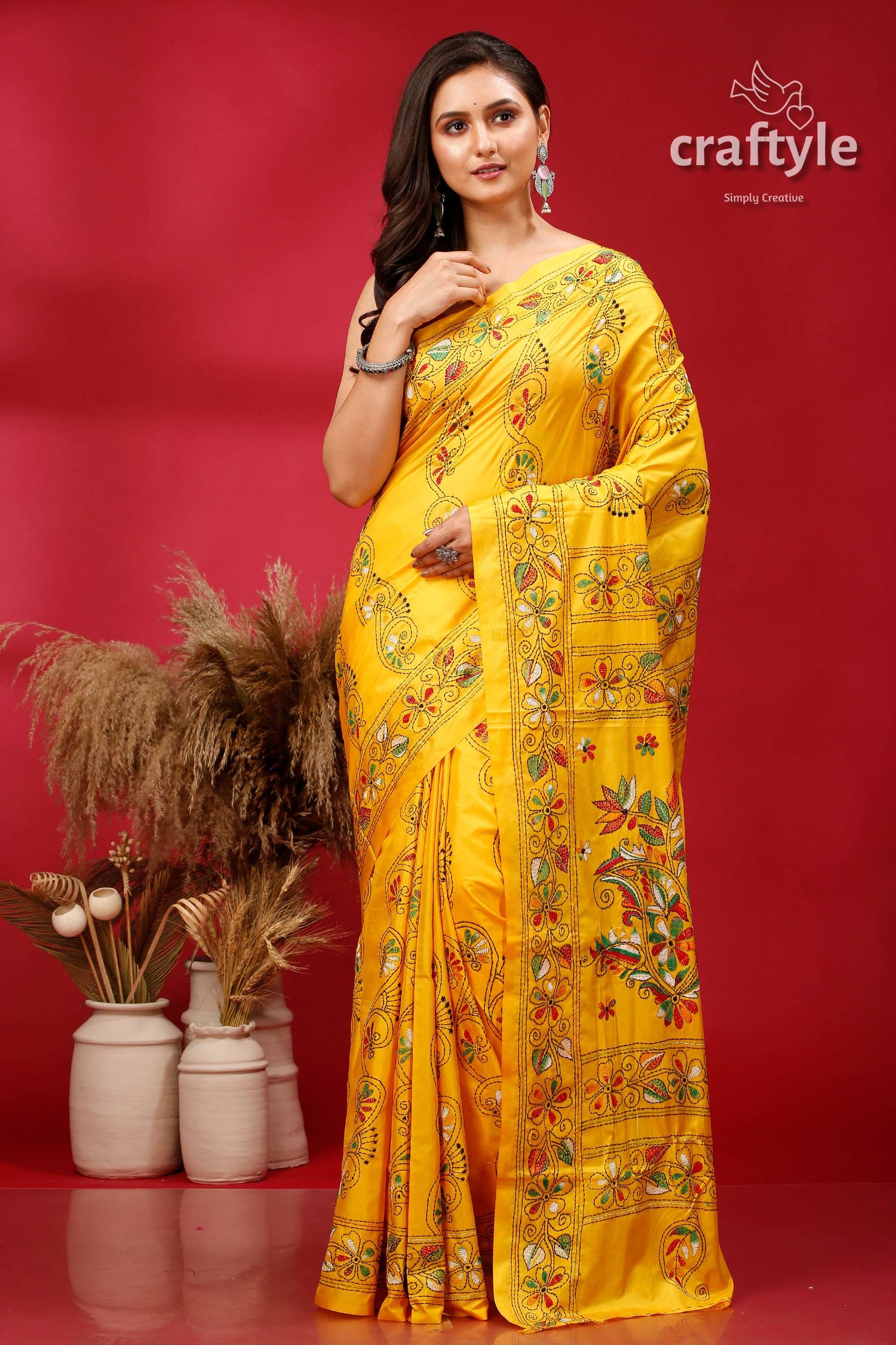 Cyber Yellow Traditional Silk Kantha Stitch Saree - Craftyle