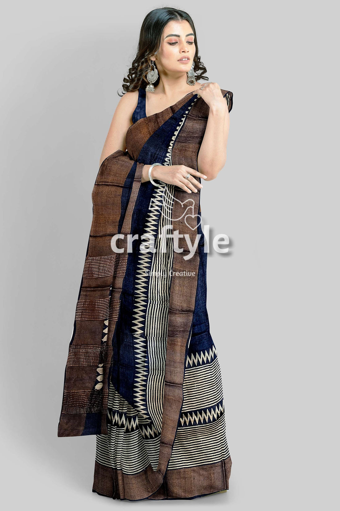 Dark Blue Hand Block Printed Pure Tussar Silk Saree with Zari Border - Craftyle