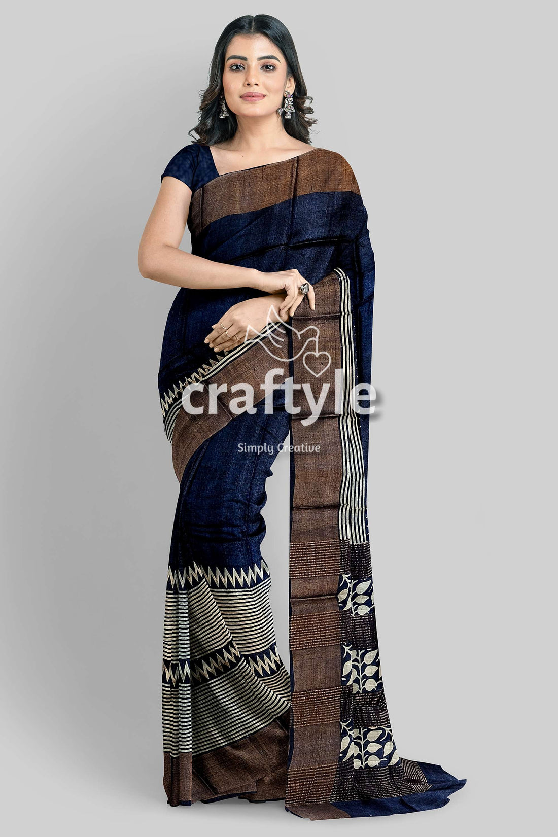 Dark Blue Hand Block Printed Pure Tussar Silk Saree with Zari Border - Craftyle