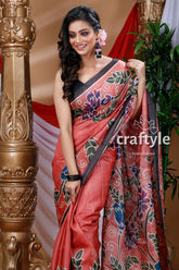 Dark Blush Red Hand Painted Pure Tussar Saree - Craftyle