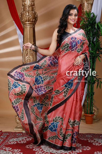 Dark Blush Red Hand Painted Pure Tussar Saree - Craftyle