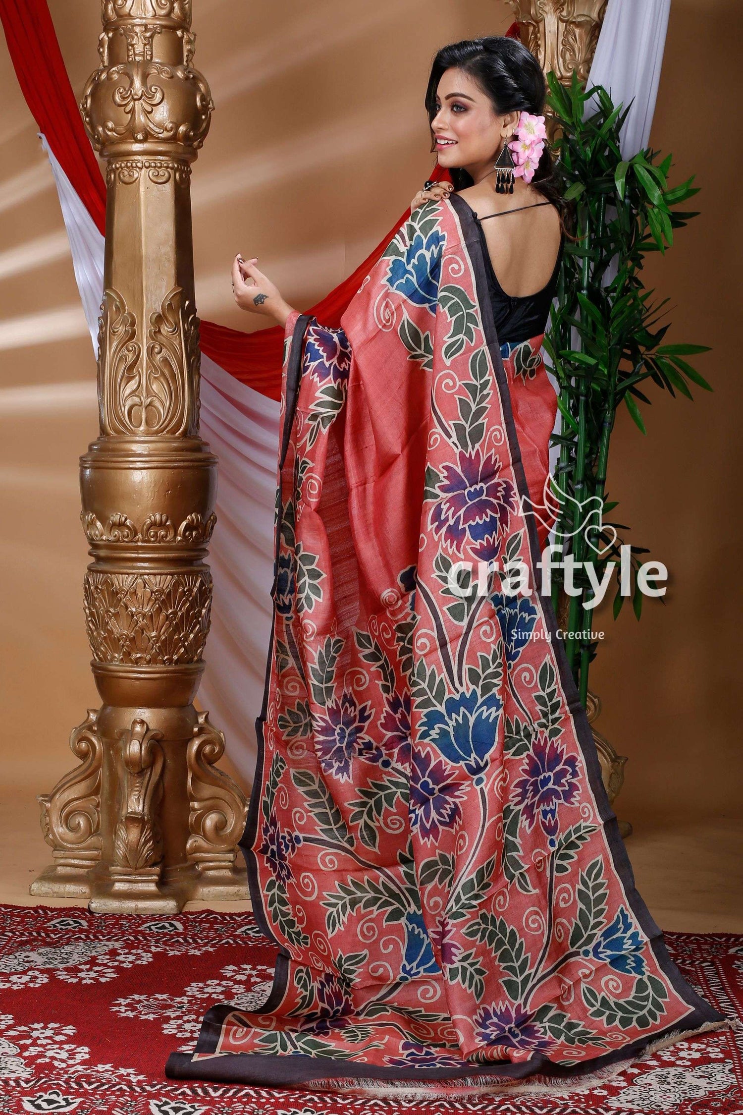 Dark Blush Red Hand Painted Pure Tussar Saree - Craftyle