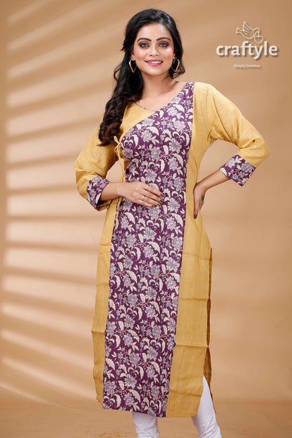 Dark Lavender Cotton Printed Angrakha Kurti With Side Knot - Craftyle