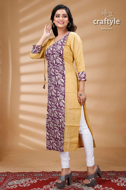 Dark Lavender Cotton Printed Angrakha Kurti With Side Knot - Craftyle