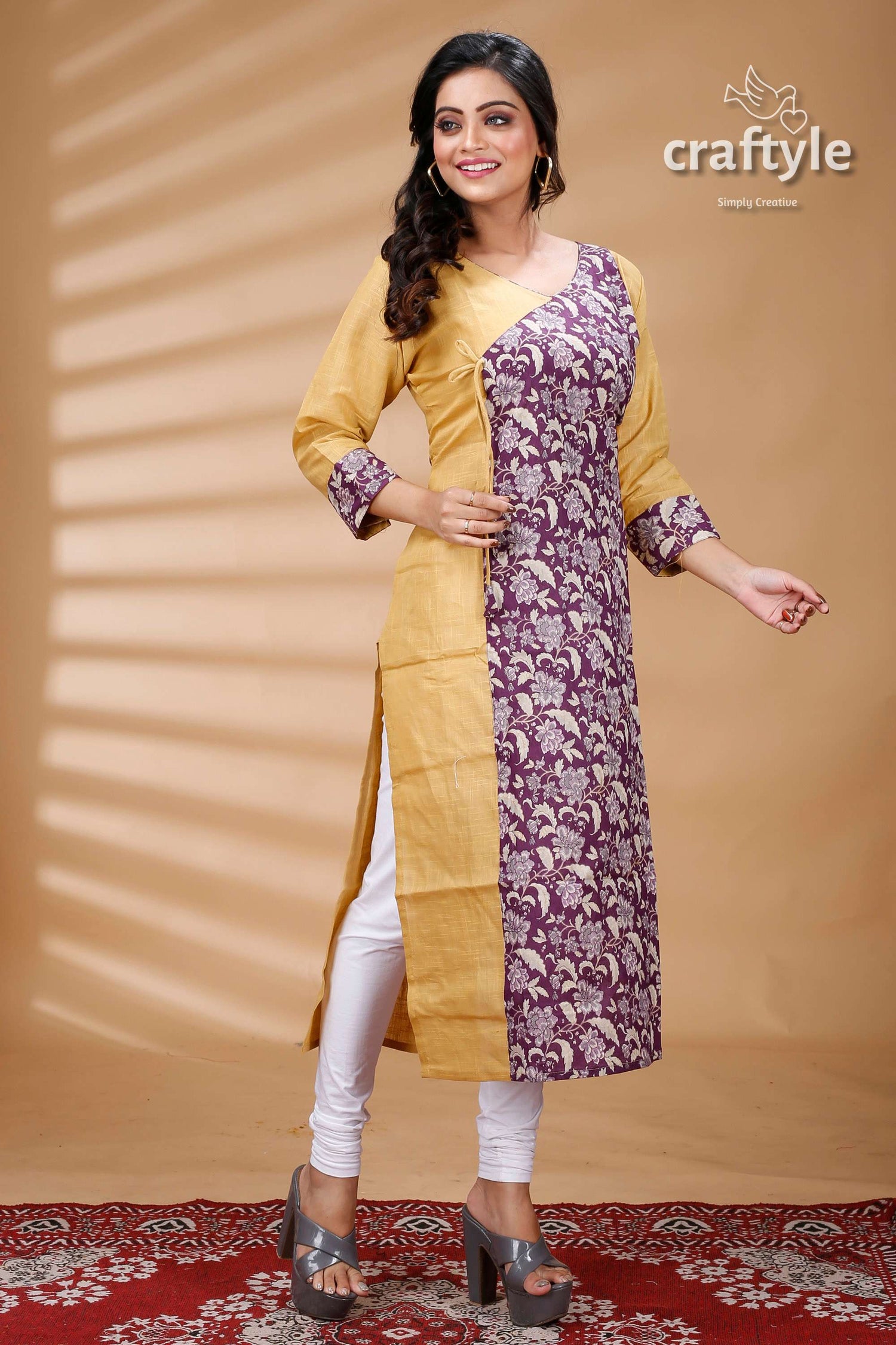 Dark Lavender Cotton Printed Angrakha Kurti With Side Knot - Craftyle