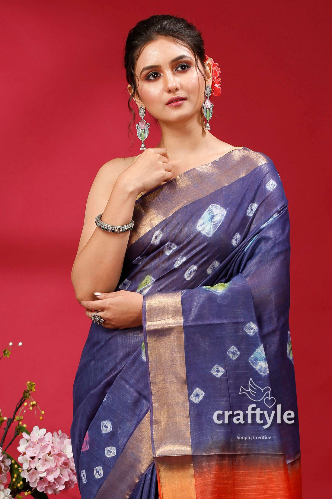 Dark Slate Blue Bandhni Silk Saree - Indian Ethnic Wear - Craftyle