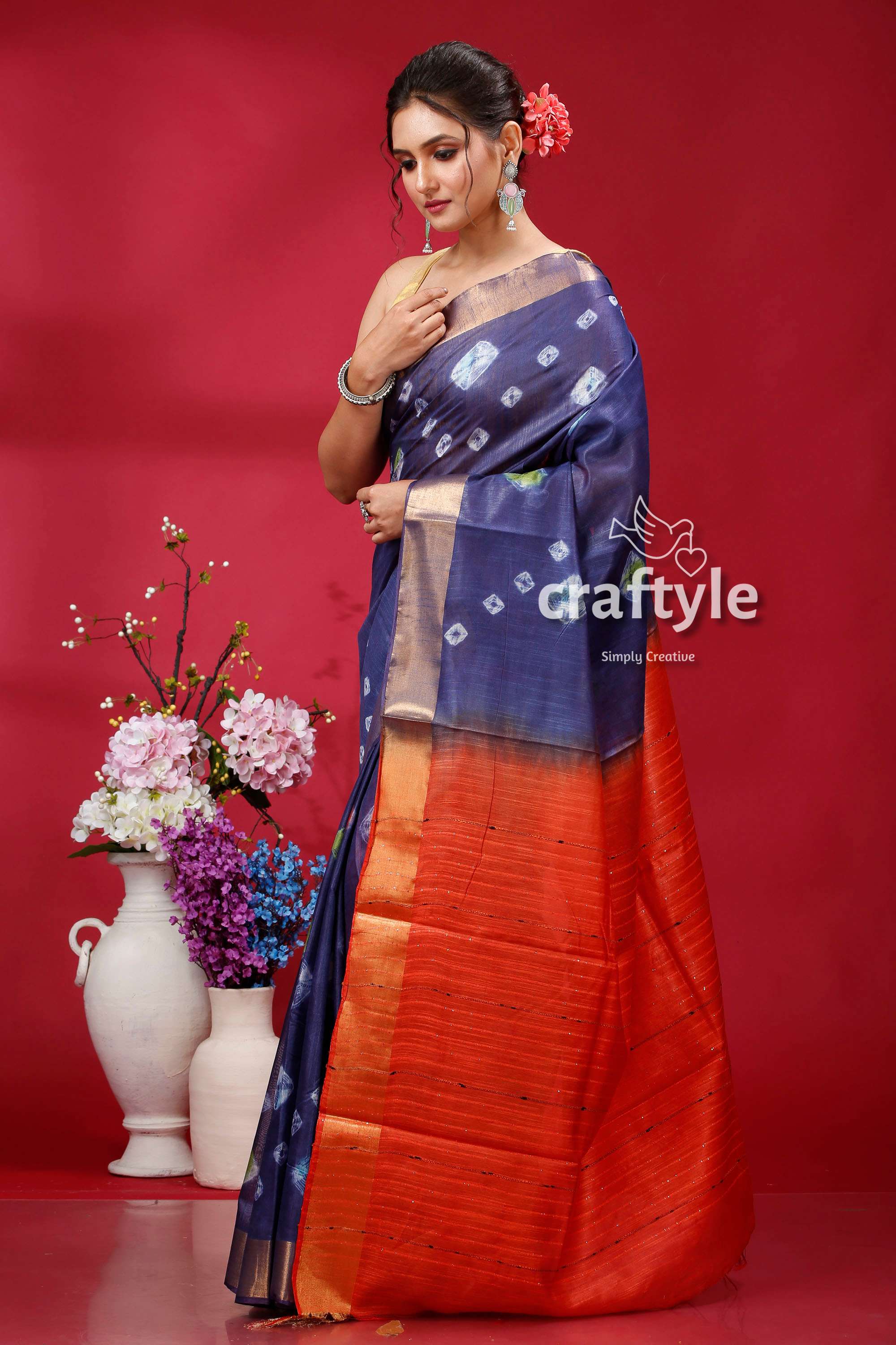 Dark Slate Blue Bandhni Silk Saree - Indian Ethnic Wear - Craftyle