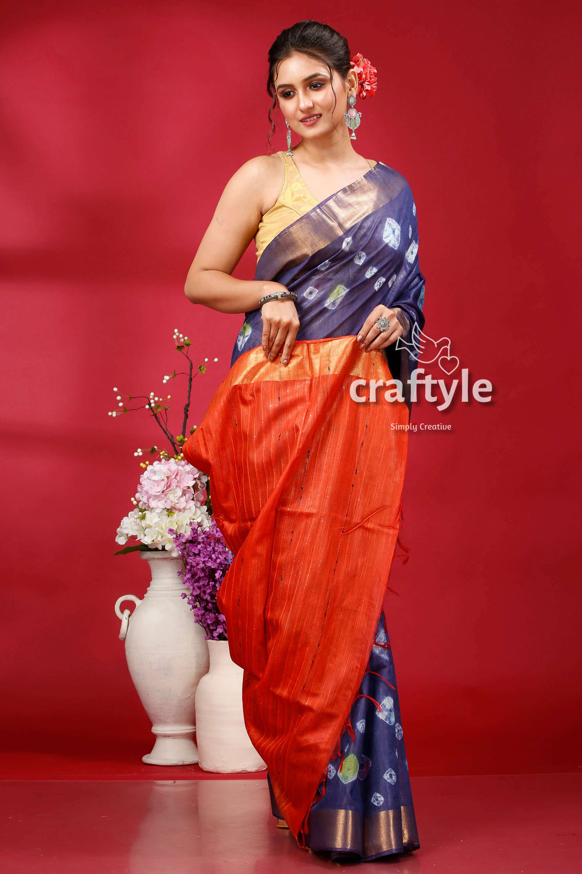 Dark Slate Blue Bandhni Silk Saree - Indian Ethnic Wear - Craftyle