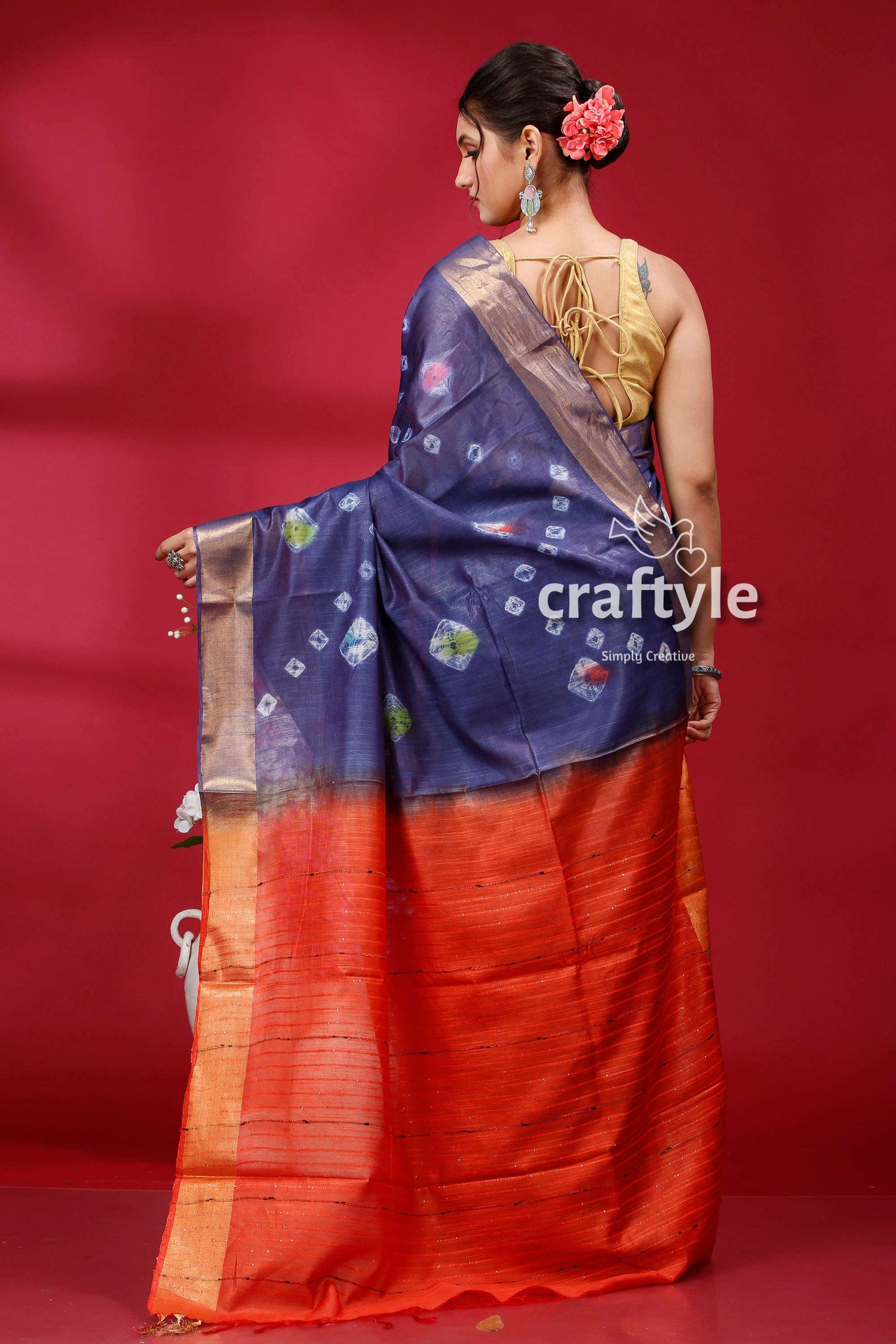 Dark Slate Blue Bandhni Silk Saree - Indian Ethnic Wear - Craftyle