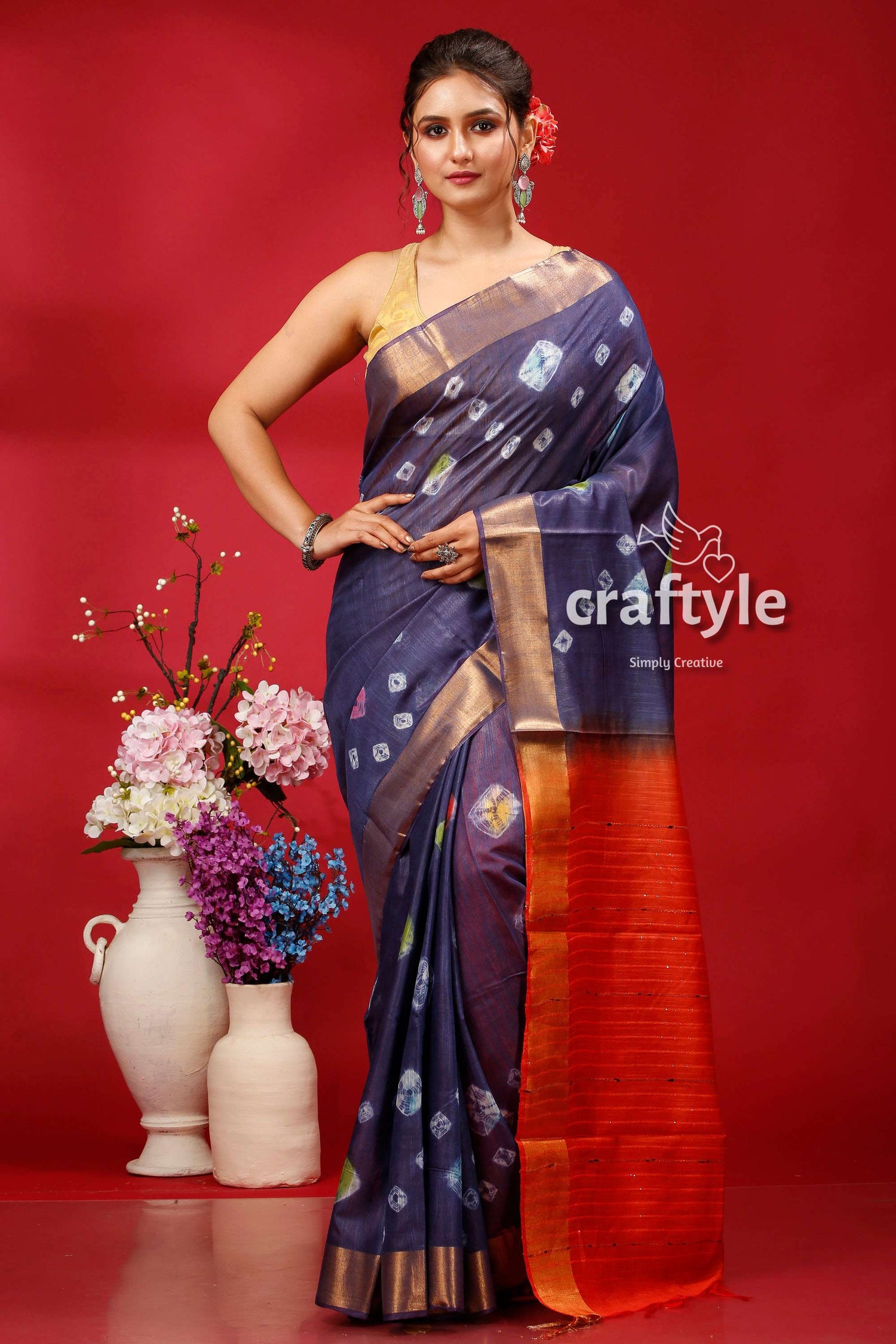 Dark Slate Blue Bandhni Silk Saree - Indian Ethnic Wear - Craftyle