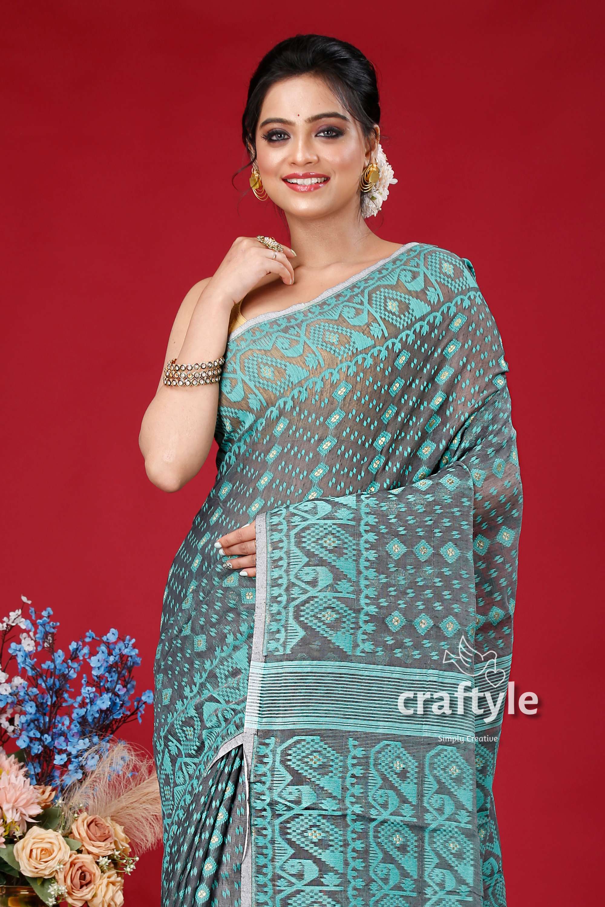 Davys Grey and Blue Traditional Handloom Jamdani Sari - Stunning and Timeless - Craftyle