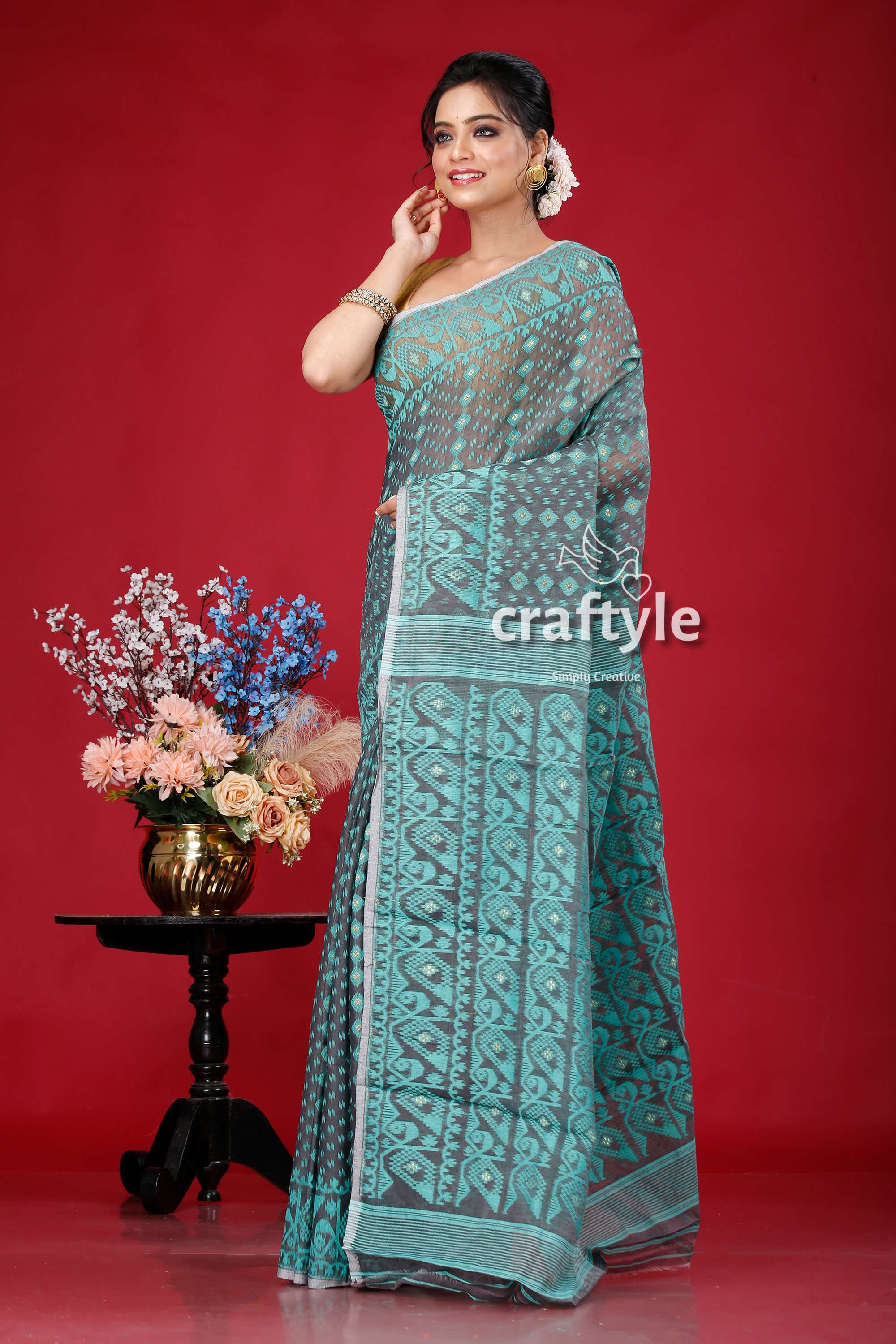 Davys Grey and Blue Traditional Handloom Jamdani Sari - Stunning and Timeless - Craftyle