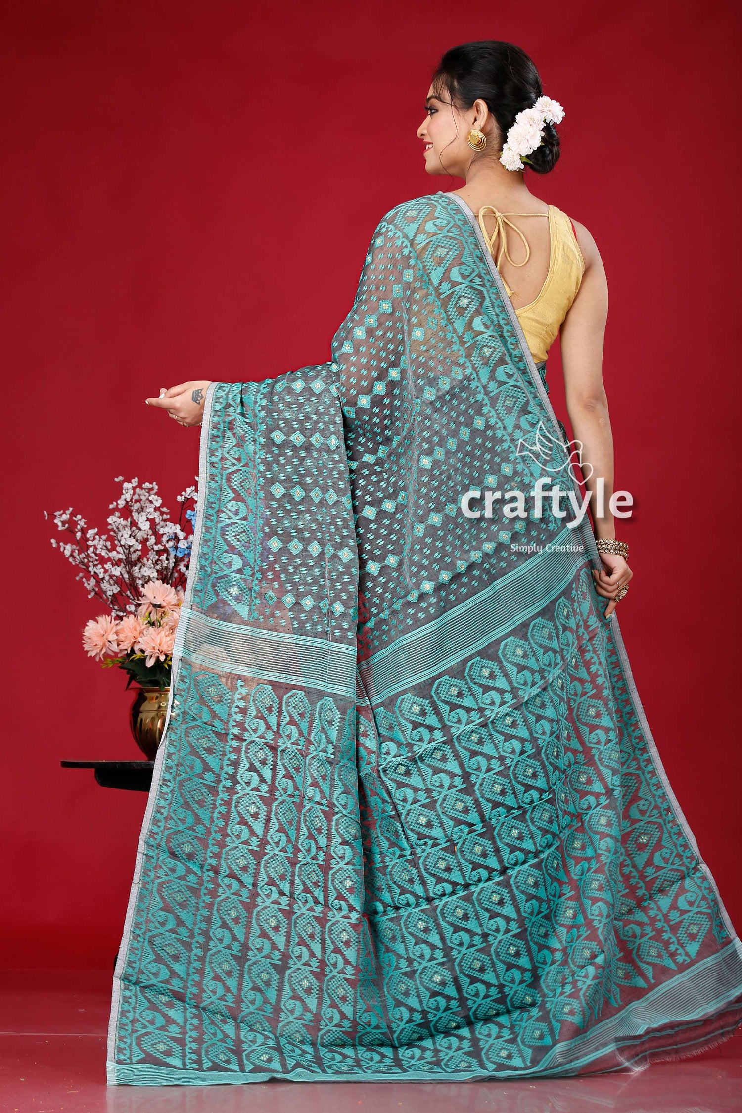 Davys Grey and Blue Traditional Handloom Jamdani Sari - Stunning and Timeless - Craftyle