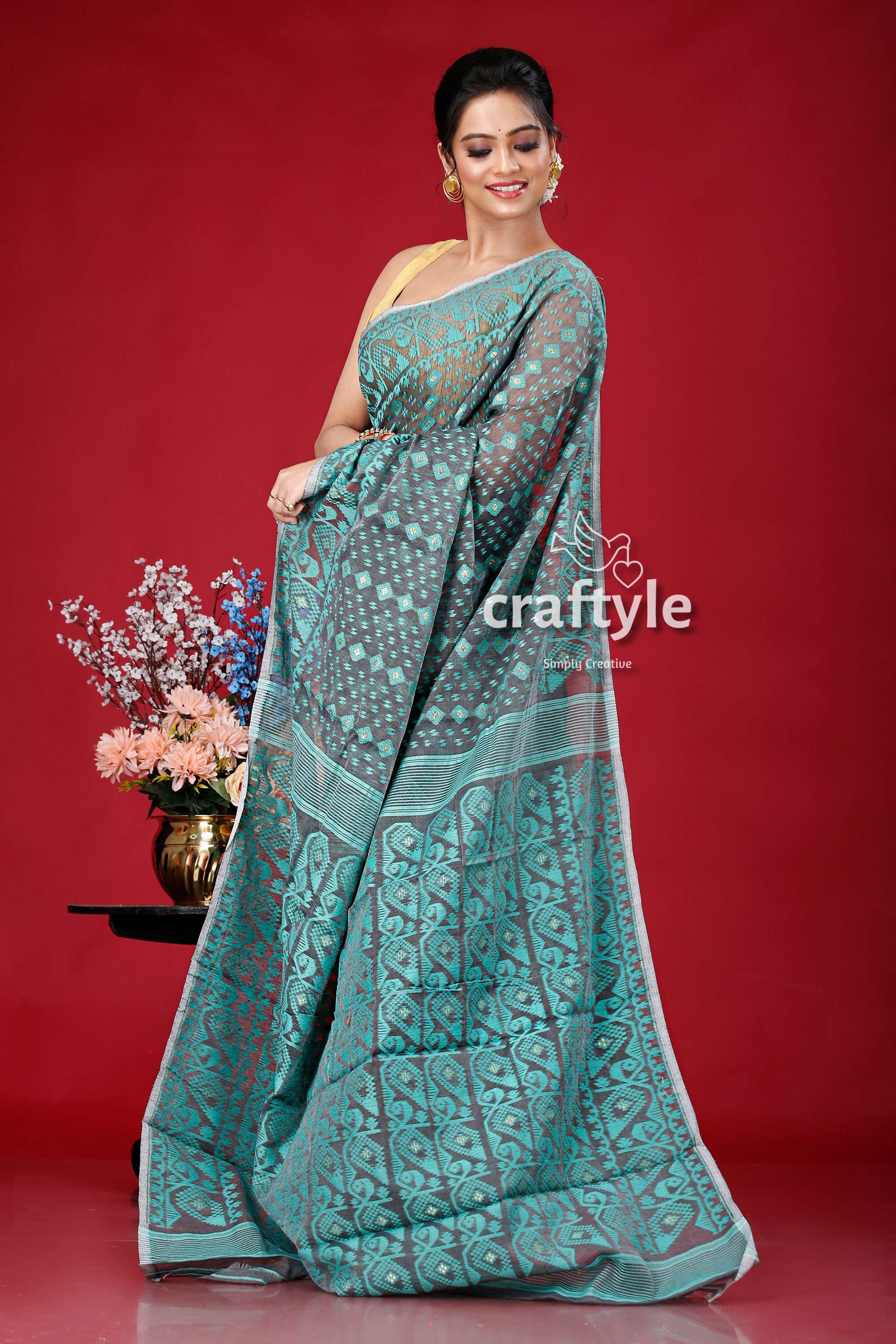 Davys Grey and Blue Traditional Handloom Jamdani Sari - Stunning and Timeless - Craftyle