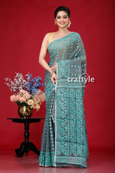 Davys Grey and Blue Traditional Handloom Jamdani Sari - Stunning and Timeless - Craftyle