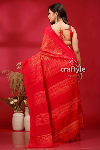 Debian Red Shibori Handloom Cotton Saree - Traditional Tie Dye Design - Craftyle