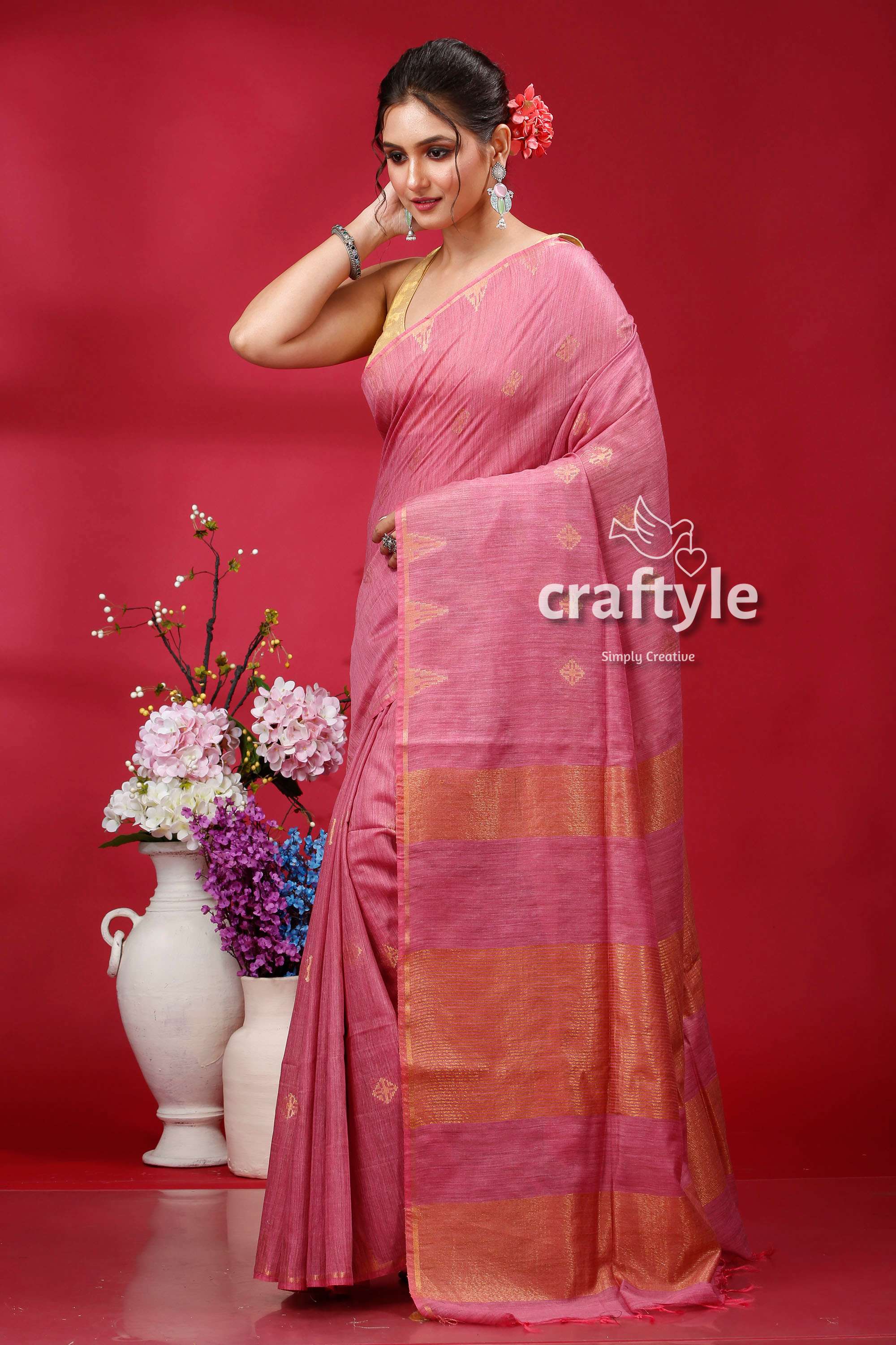 Deep Blush Soft Ghicha Silk Bhagalpuri Saree - Golden Zari - Craftyle