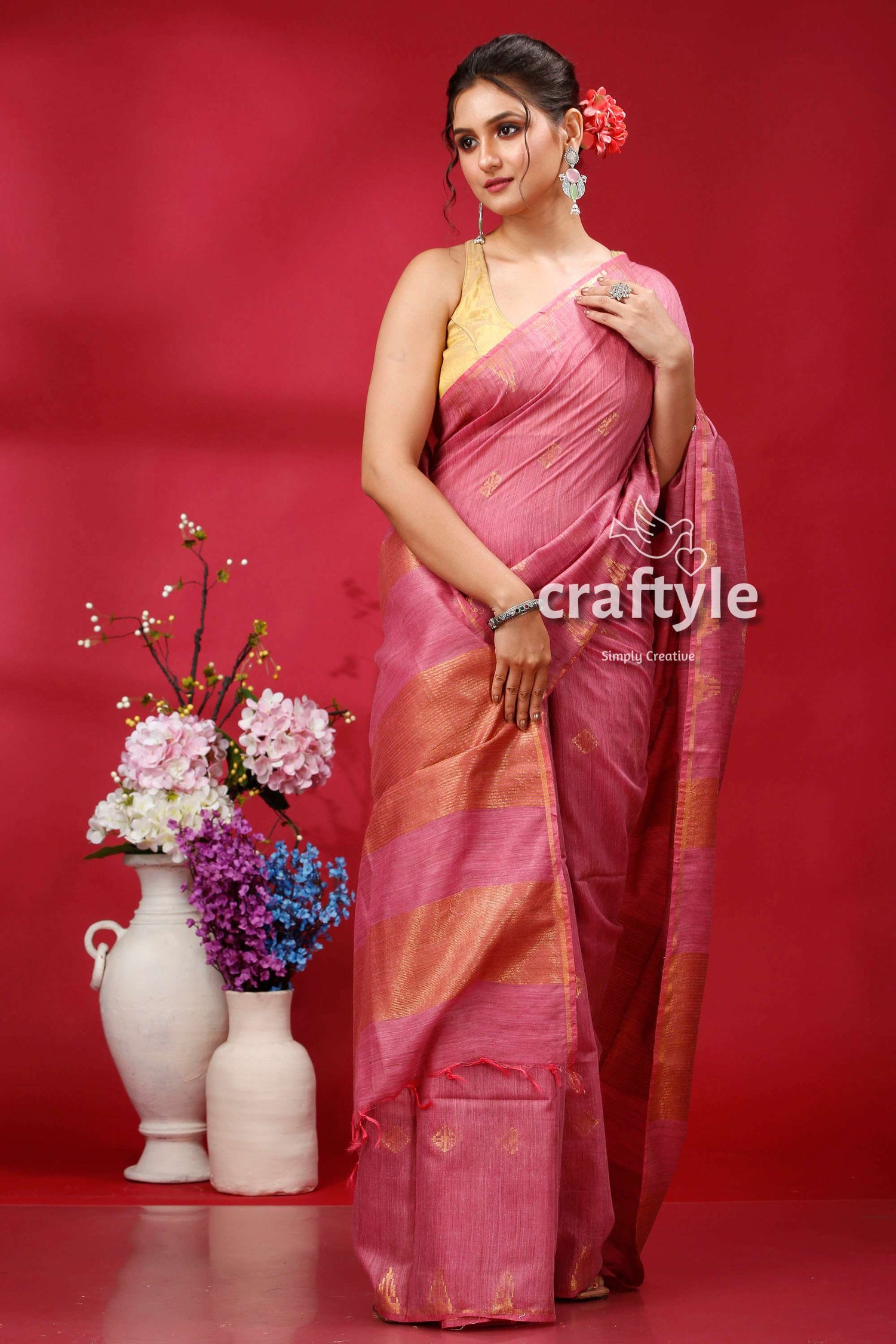 Deep Blush Soft Ghicha Silk Bhagalpuri Saree - Golden Zari - Craftyle