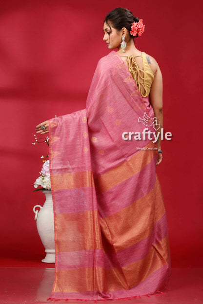 Deep Blush Soft Ghicha Silk Bhagalpuri Saree - Golden Zari - Craftyle