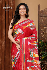 Deep Carmine Fish Motif Intricate Silk Kantha Work Saree - Craftyle