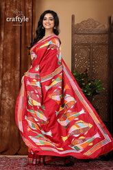 Deep Carmine Fish Motif Intricate Silk Kantha Work Saree - Craftyle