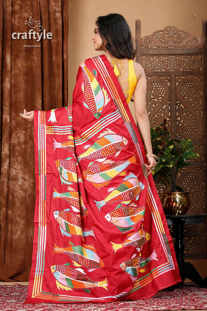 Deep Carmine Fish Motif Intricate Silk Kantha Work Saree - Craftyle