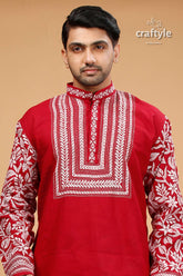 Deep Carmine White Thread Kantha Cotton Kurta for Men - Craftyle