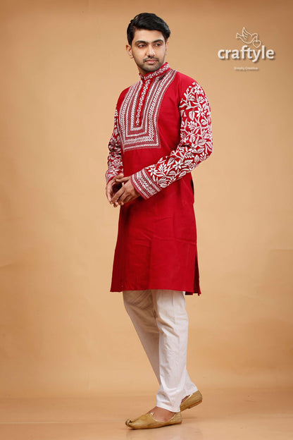 Deep Carmine White Thread Kantha Cotton Kurta for Men - Craftyle