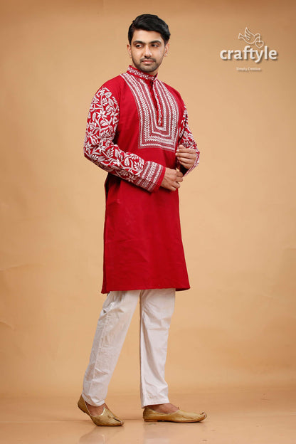 Deep Carmine White Thread Kantha Cotton Kurta for Men - Craftyle