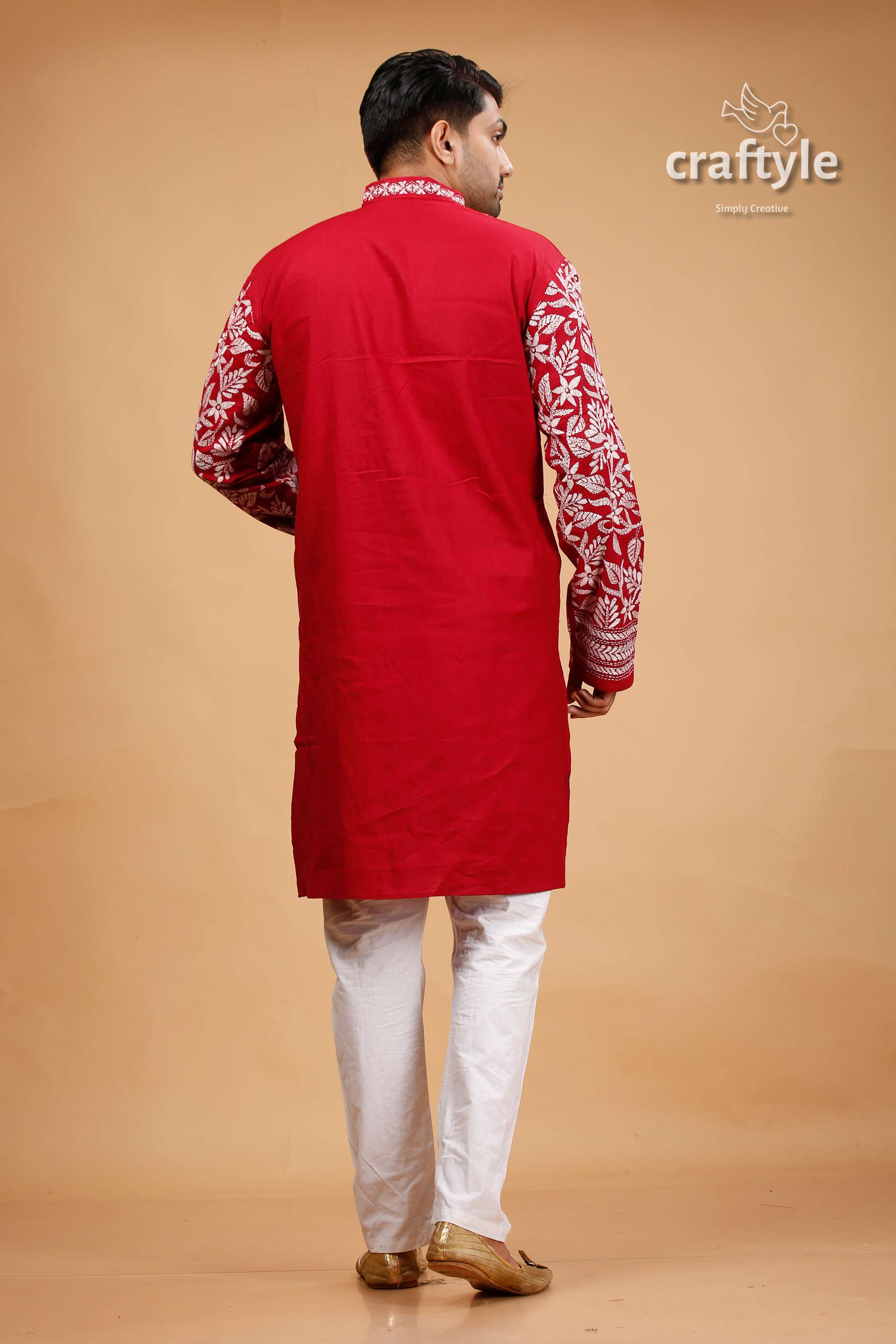 Deep Carmine White Thread Kantha Cotton Kurta for Men - Craftyle