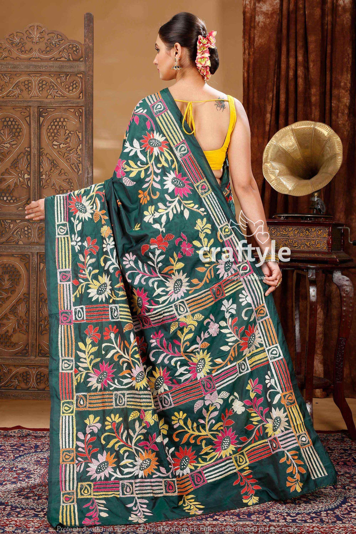 Deep Green Artisanal Silk Kantha Saree-Craftyle